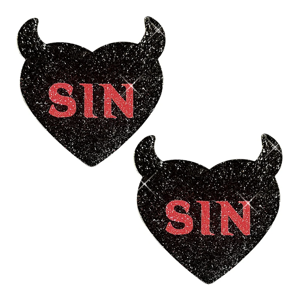 Neva Nude Sin City Black Devil Glitter Heart Nipple Cover Pasties