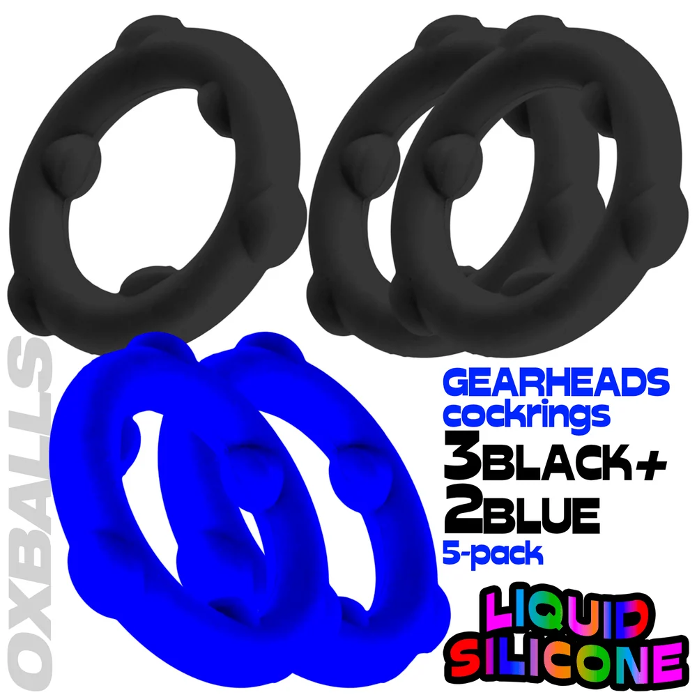 Oxballs Gearheads 5-Pack Liquid Silicone Cock Rings in Blue and Black