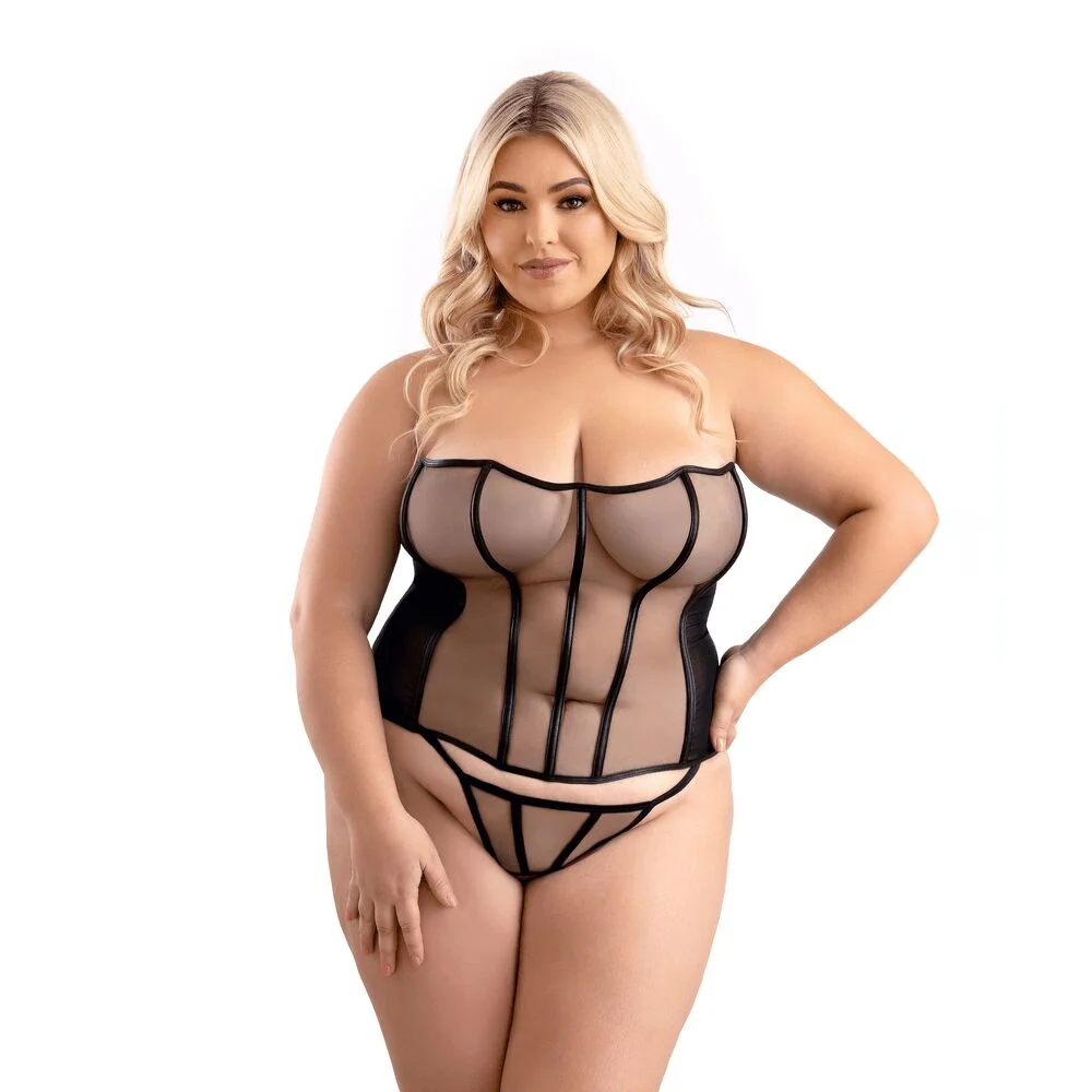 Fantasy Lingerie Leatherette Binding Mesh Corset and G-String Set