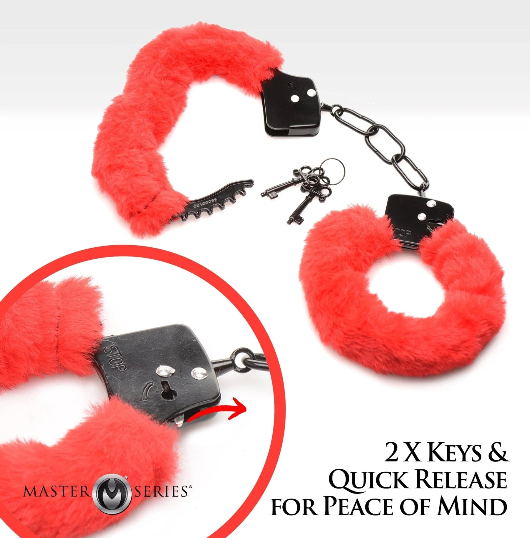 Master Series Furry Handcuffs In Red Faux Fur