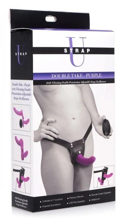 Strap-U Double Take 10X Vibrating DP Strap-On Set in Purple