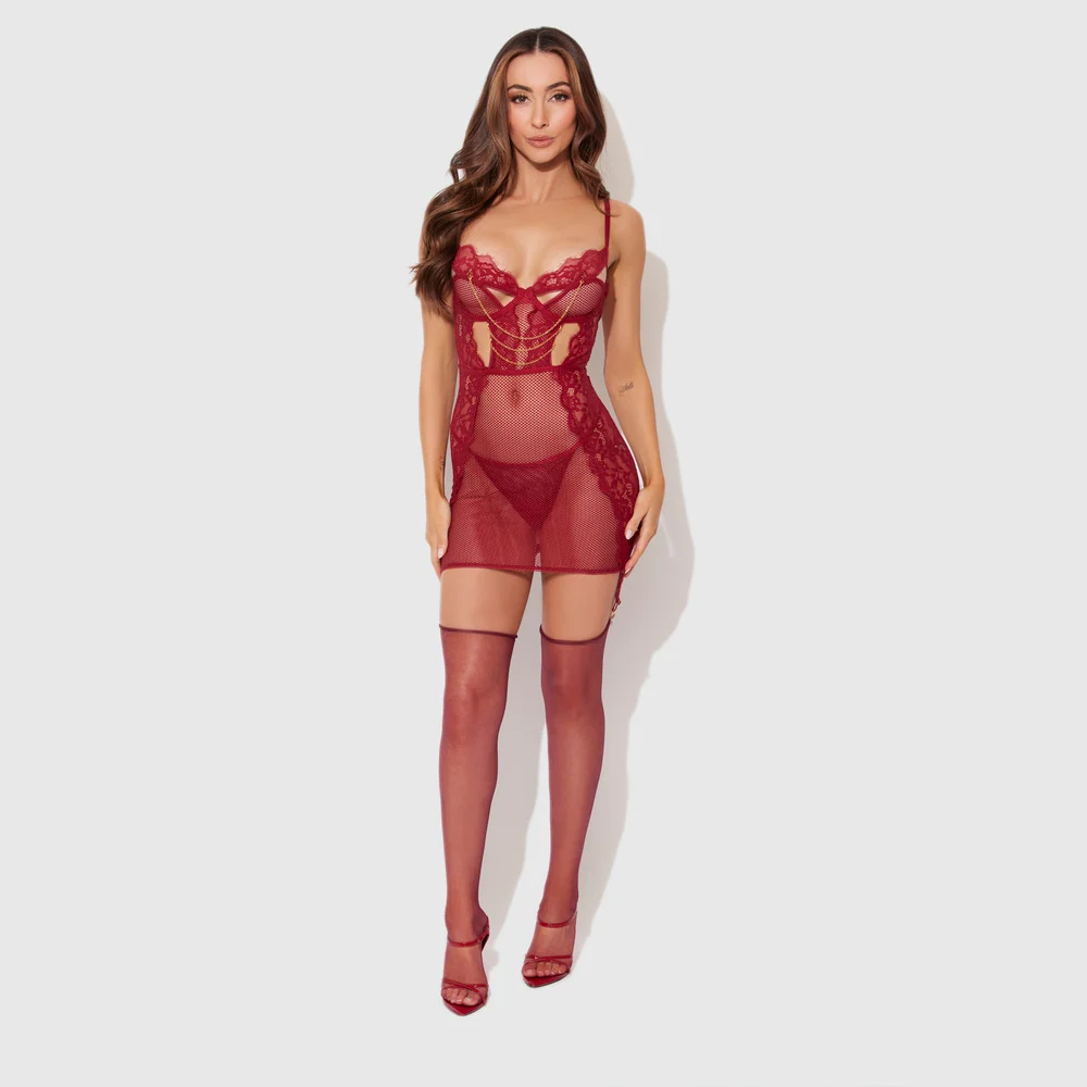 House of Desire Dezi Lace and Chain Chemise Set with G-String