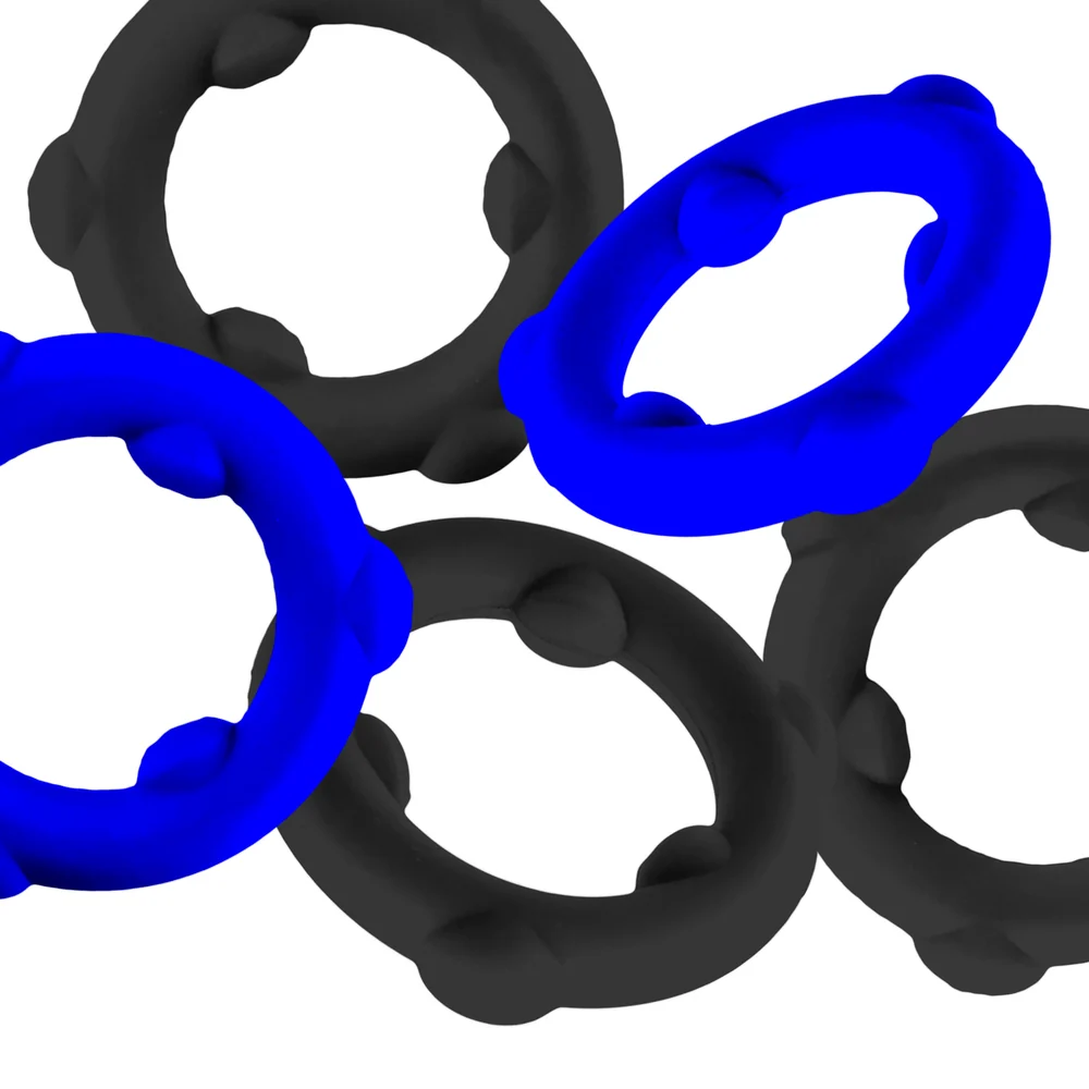 Oxballs Gearheads 5-Pack Liquid Silicone Cock Rings in Blue and Black