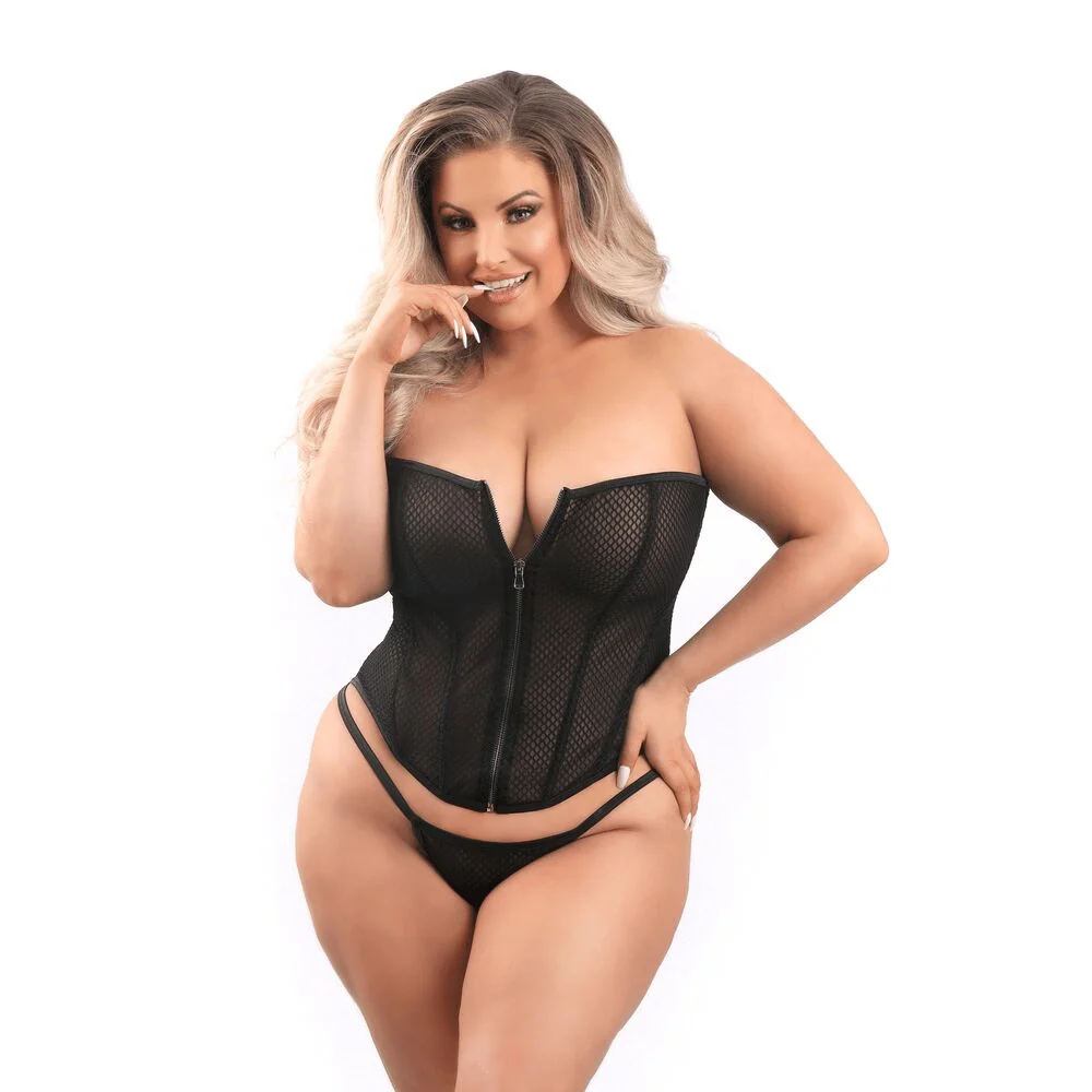 Fantasy Lingerie Zipper Front Mesh Overbust Corset & G-String Panty Set