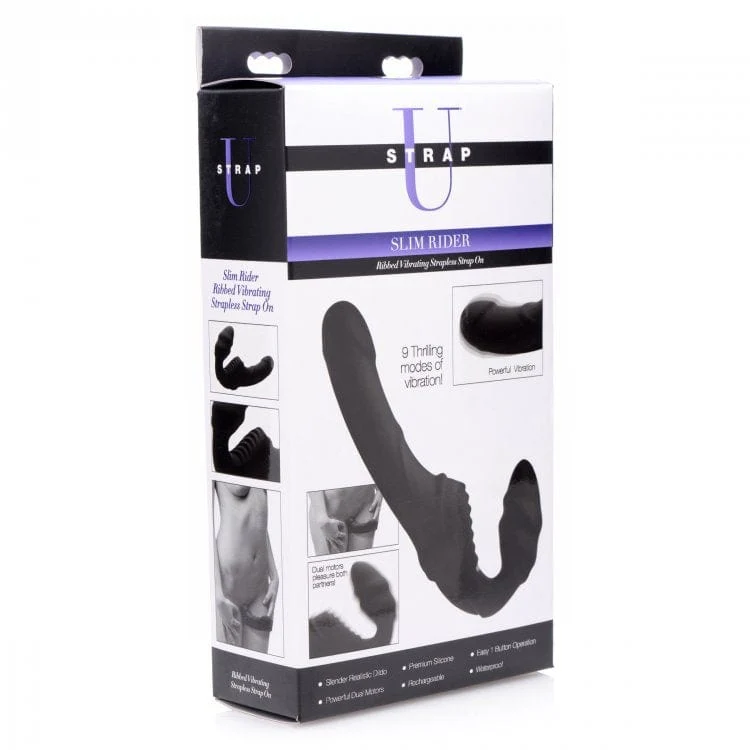 Strap-U Slim Rider Ribbed Vibrating Strapless Strap-On with 9 Modes