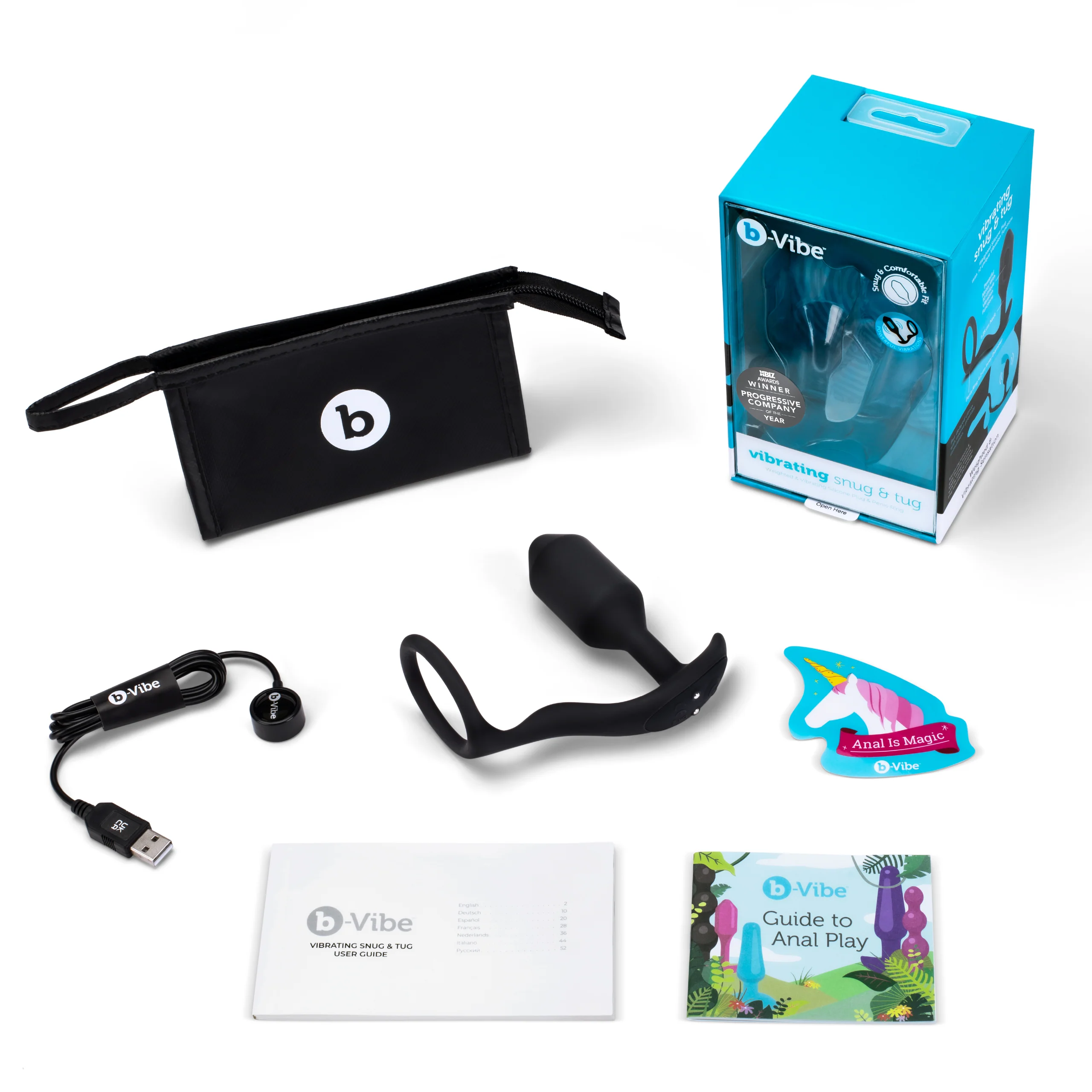 B-Vibe Vibrating Snug & Tug M 黑色混合材质阴茎环与加重肛塞