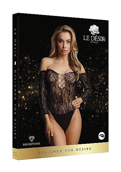 Le Desir Wonder Rhinestone Bodysuit in Black Lace for Sizes 1XL to 3XL