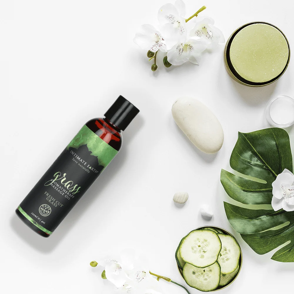 Intimate Earth Massage Oil in Fresh Cut Grass Scent
