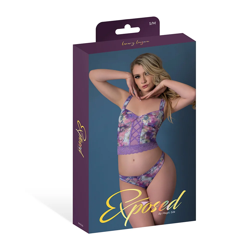 Exposed by Magic Silk Wisteria Mist Bustier Cami and Thong Set