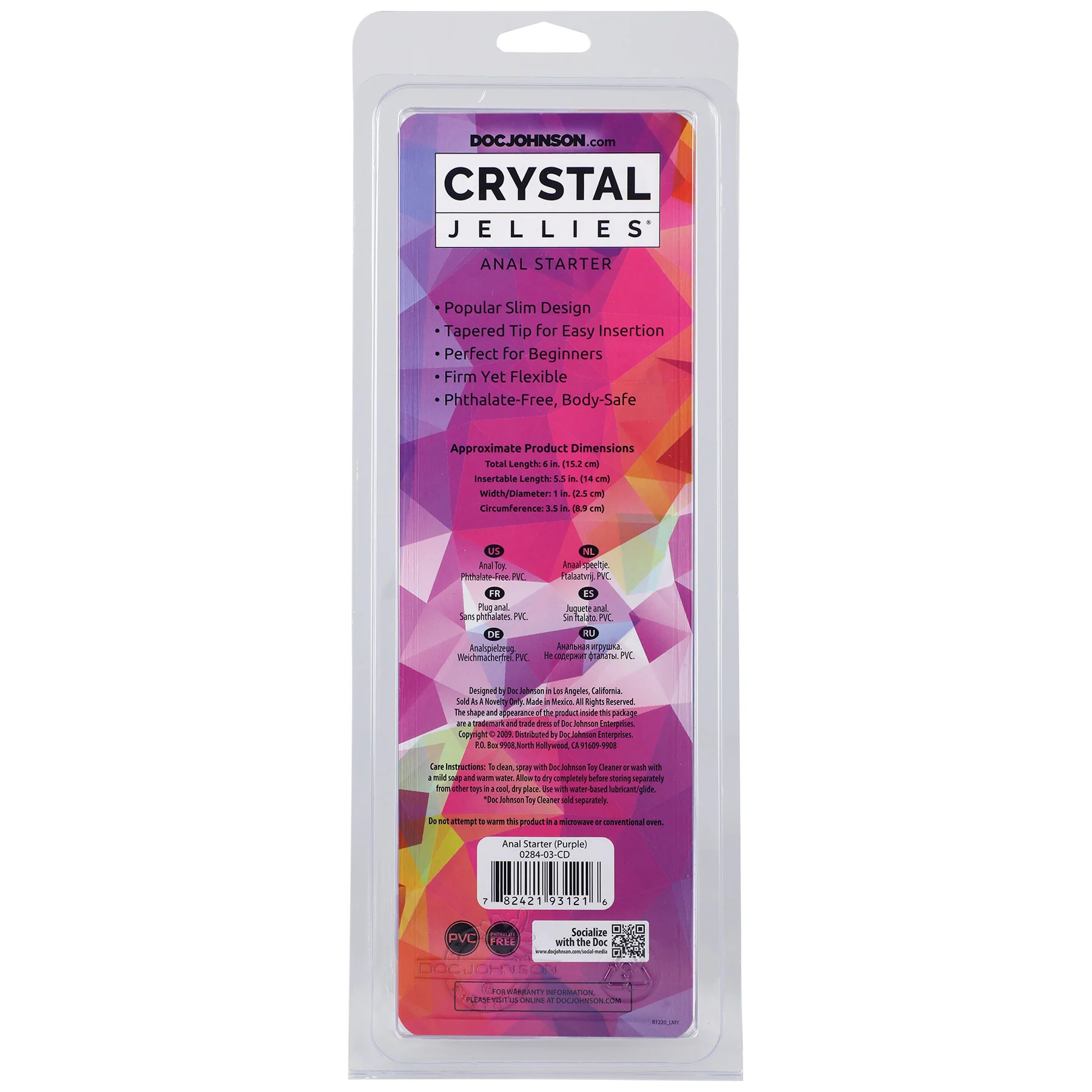 Doc Johnson Crystal Jellies 6 Inch 入门款肛用按摩器，粉色、透明色或紫色