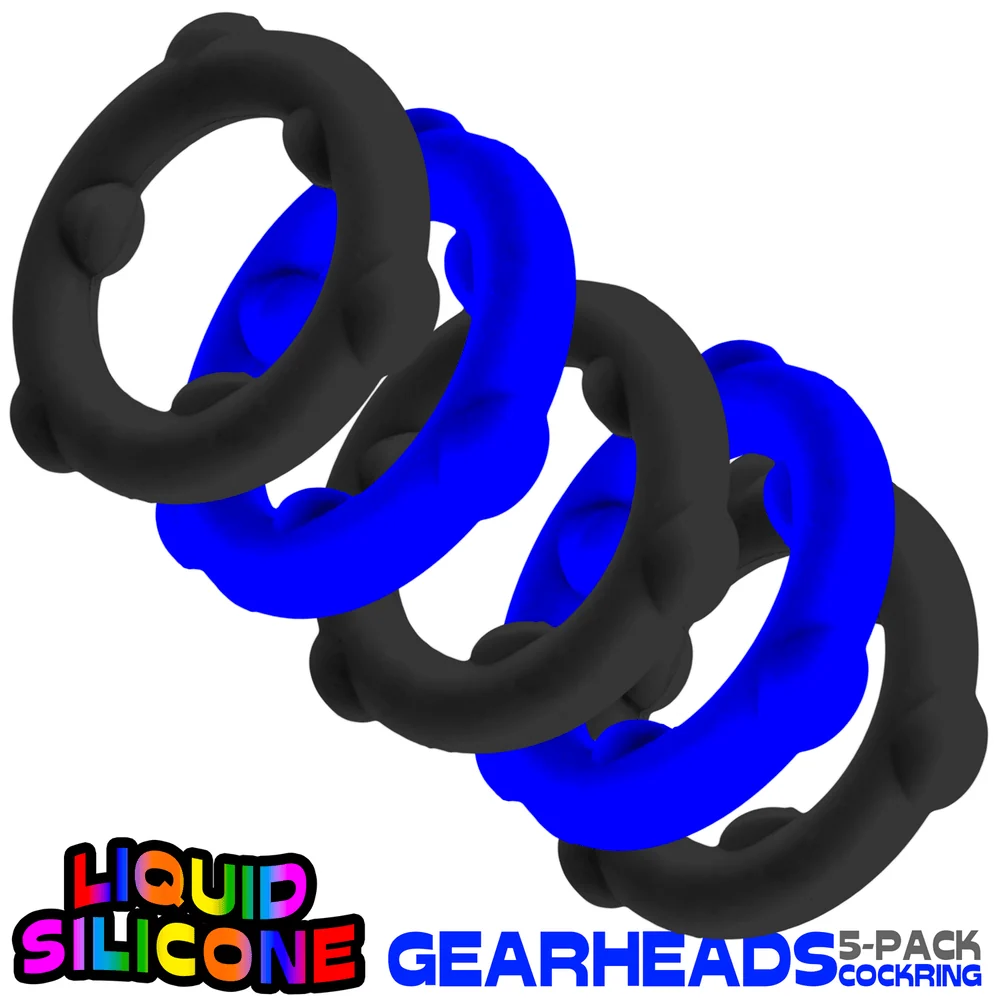Oxballs Gearheads 5-Pack Liquid Silicone Cock Rings in Blue and Black