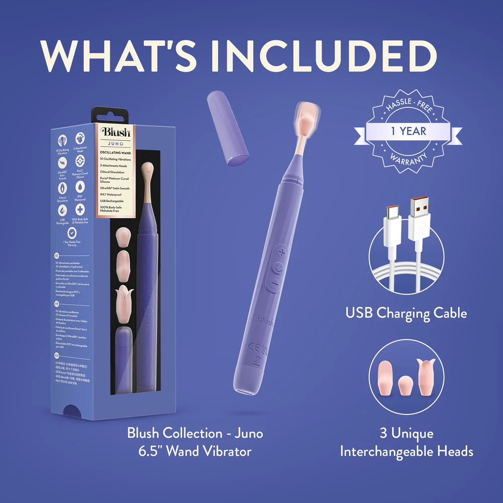Blush Juno Oscillating Wand Clitoral Vibrator with 3 Attachments