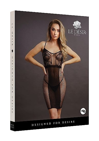 Le Desir Knee Length Lace and Fishnet Dress with Deep-V Neckline