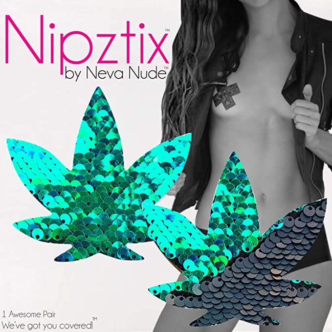 Neva Nude Ariel Green Black Weed Leaf Sequin Flip Pasties