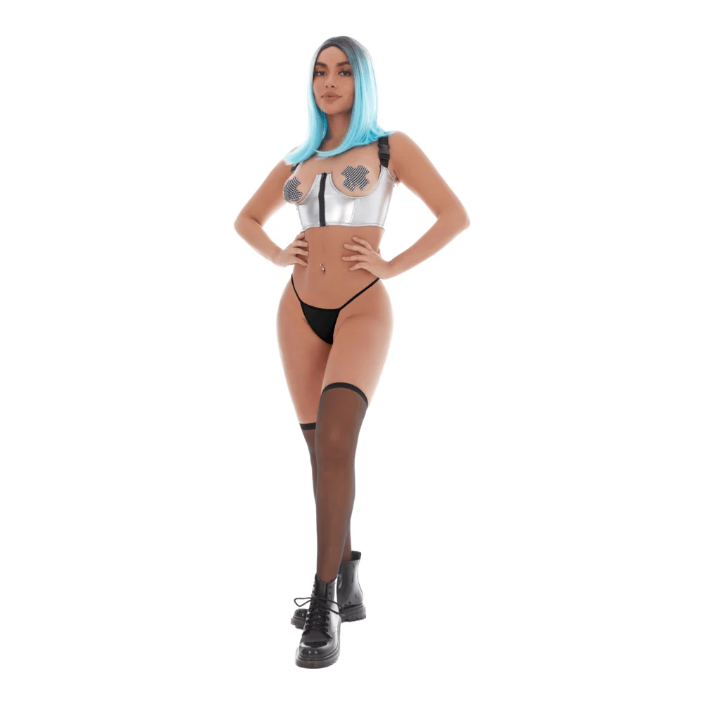 Kandi House Basshead Set in Silver with Crop Top and Shorts