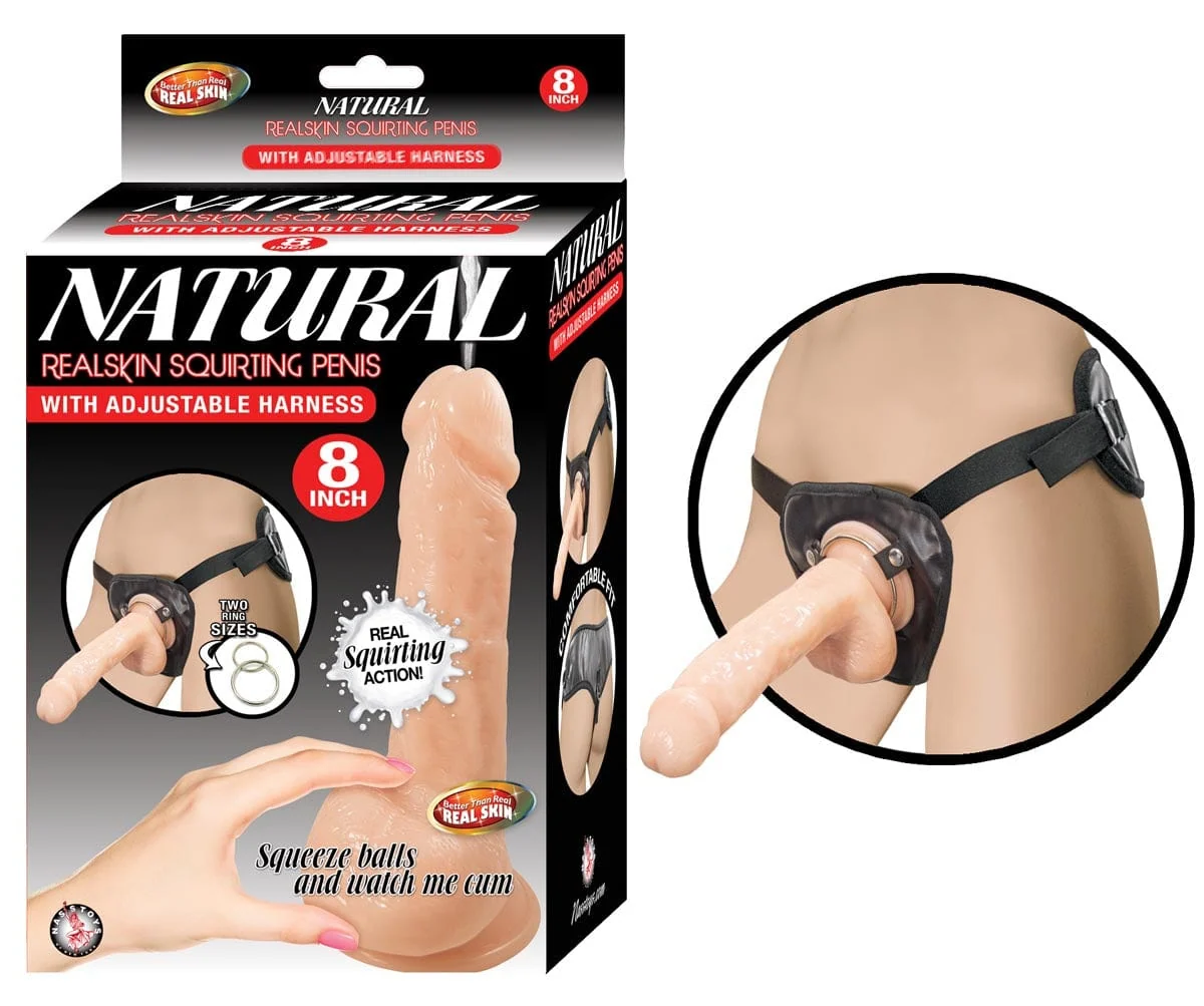 Natural Realskin Squirting Penis with Adjustable Harness 8 Inch Flesh