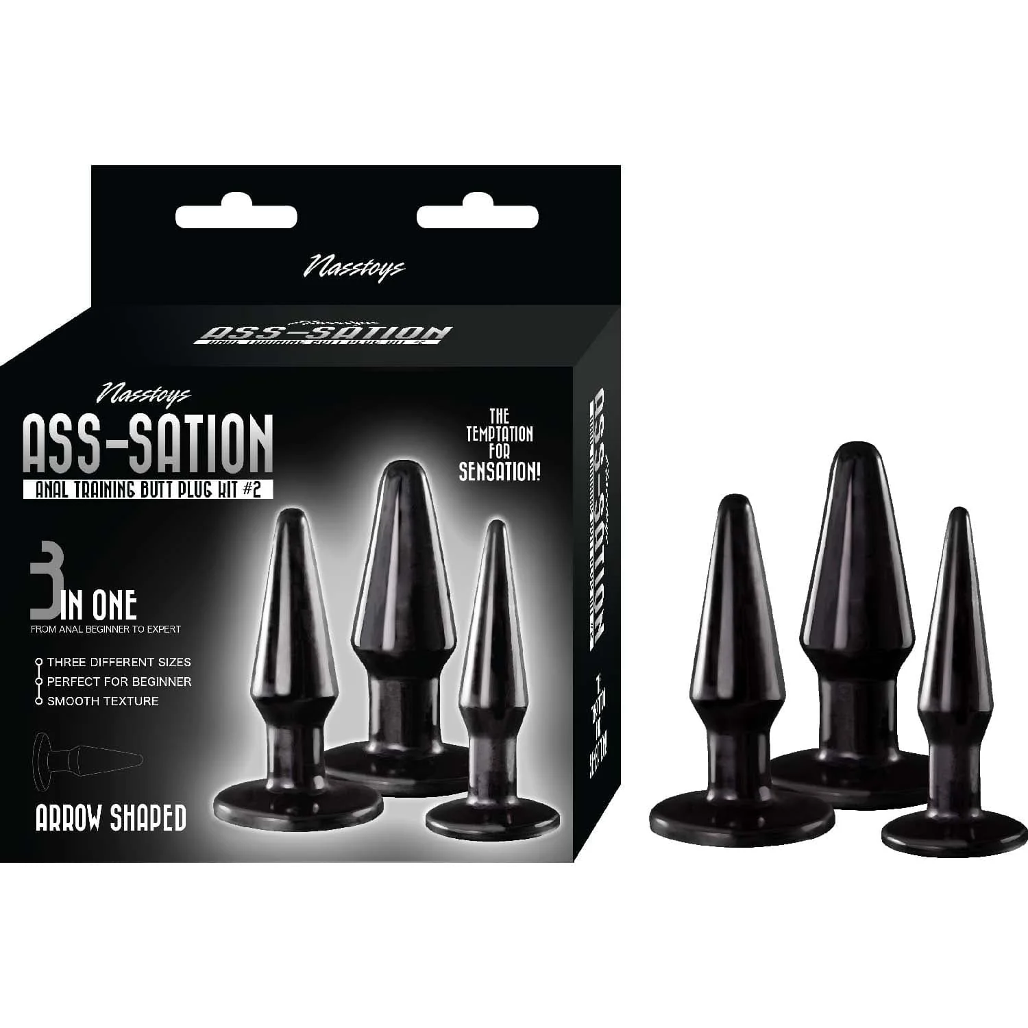 Ass-Sation Anal Training Butt Plug Kit 2 in Black, Three Sizes