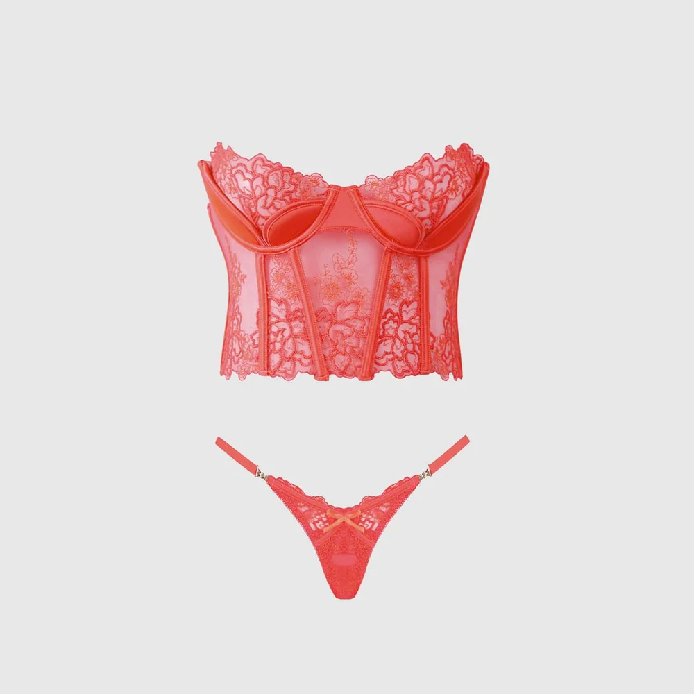 House of Desire Eden Embroidered Bustier and Tanga Set in Floral Lace