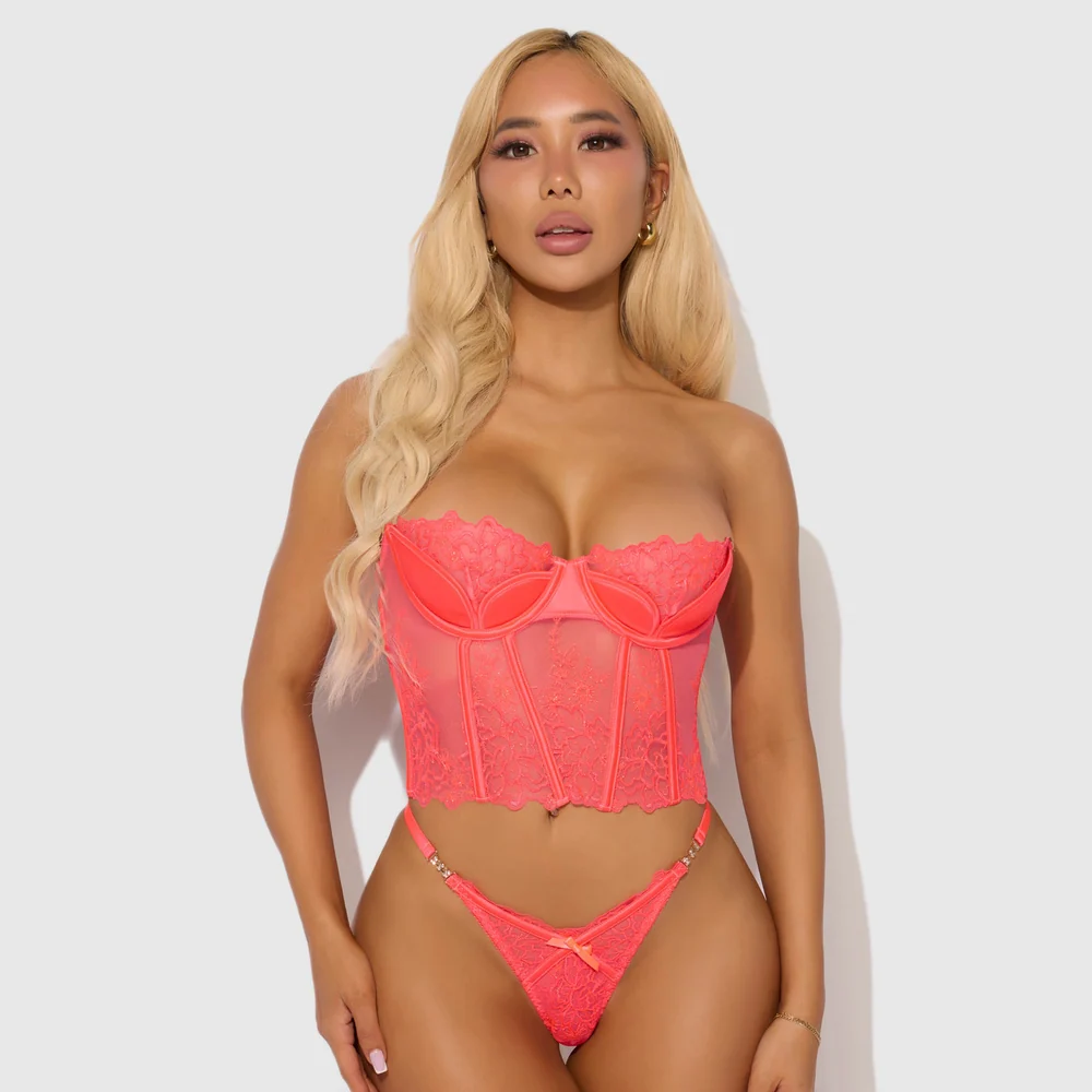 House of Desire Eden Embroidered Bustier and Tanga Set in Floral Lace