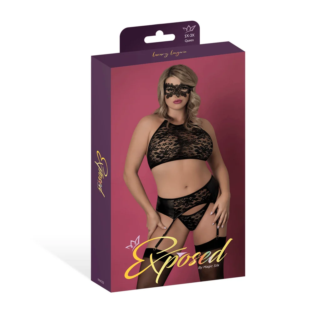 Exposed Sinful Halter Bra, Garter Belt, Lace Panty and Mask Set
