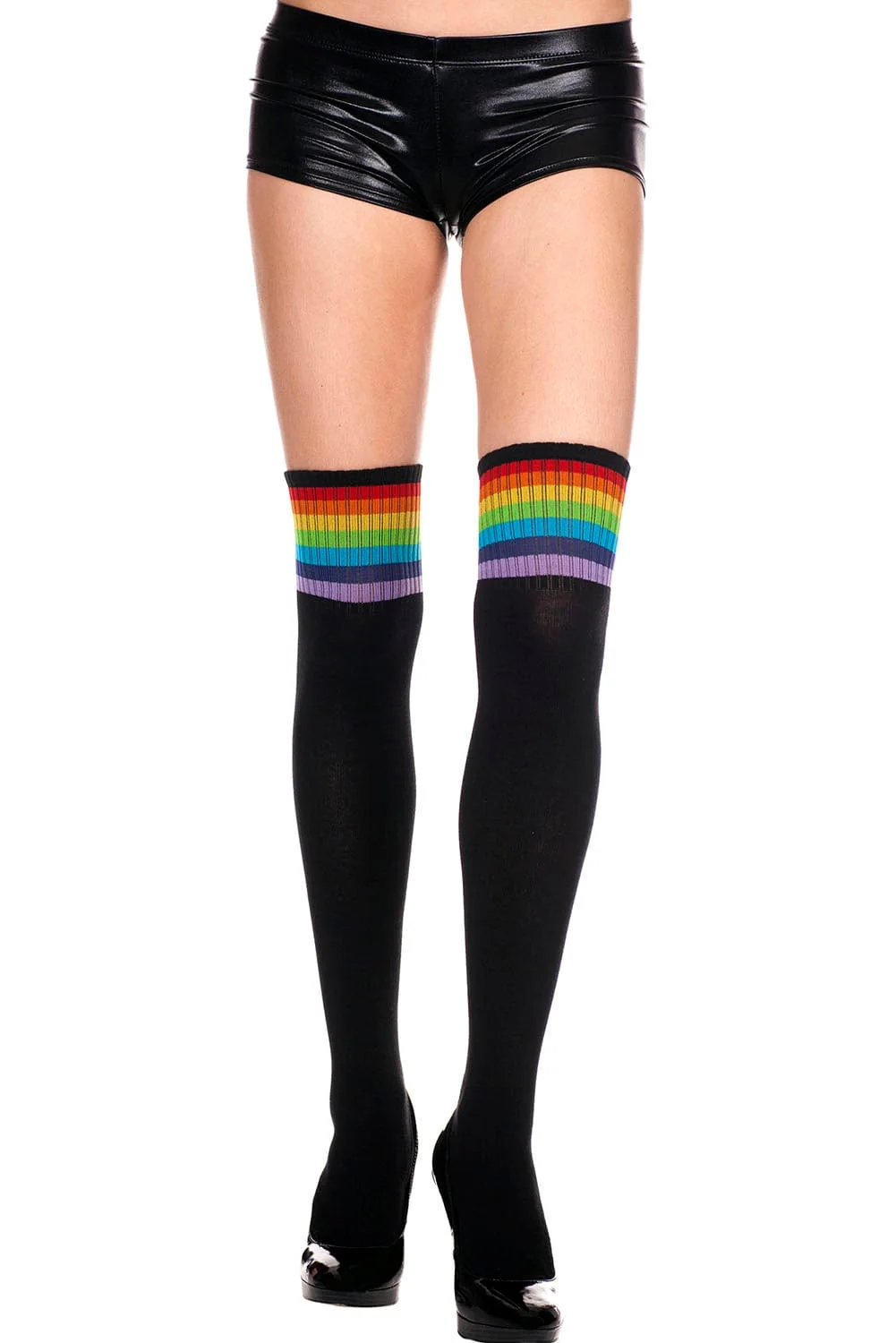 Music Legs Rainbow Striped Acrylic Thigh High Socks in Black