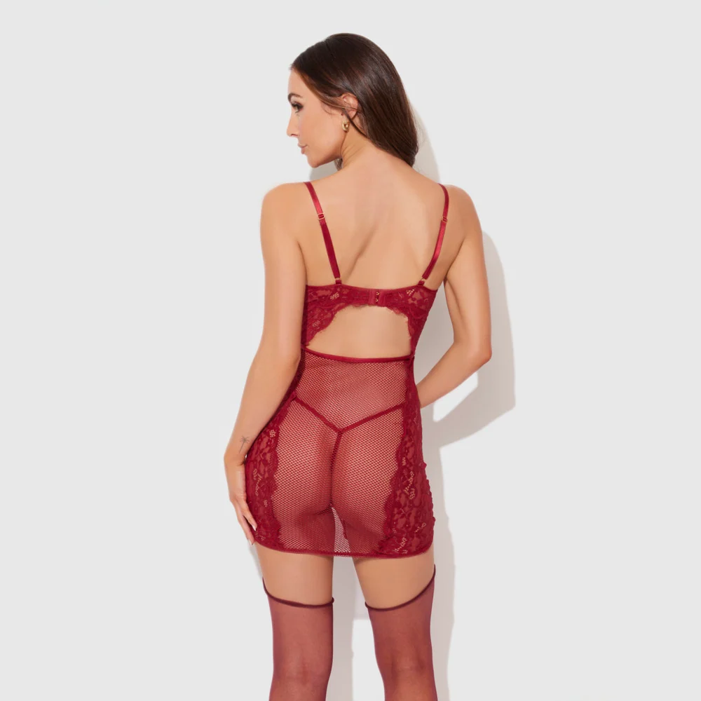 House of Desire Dezi Lace and Chain Chemise Set with G-String