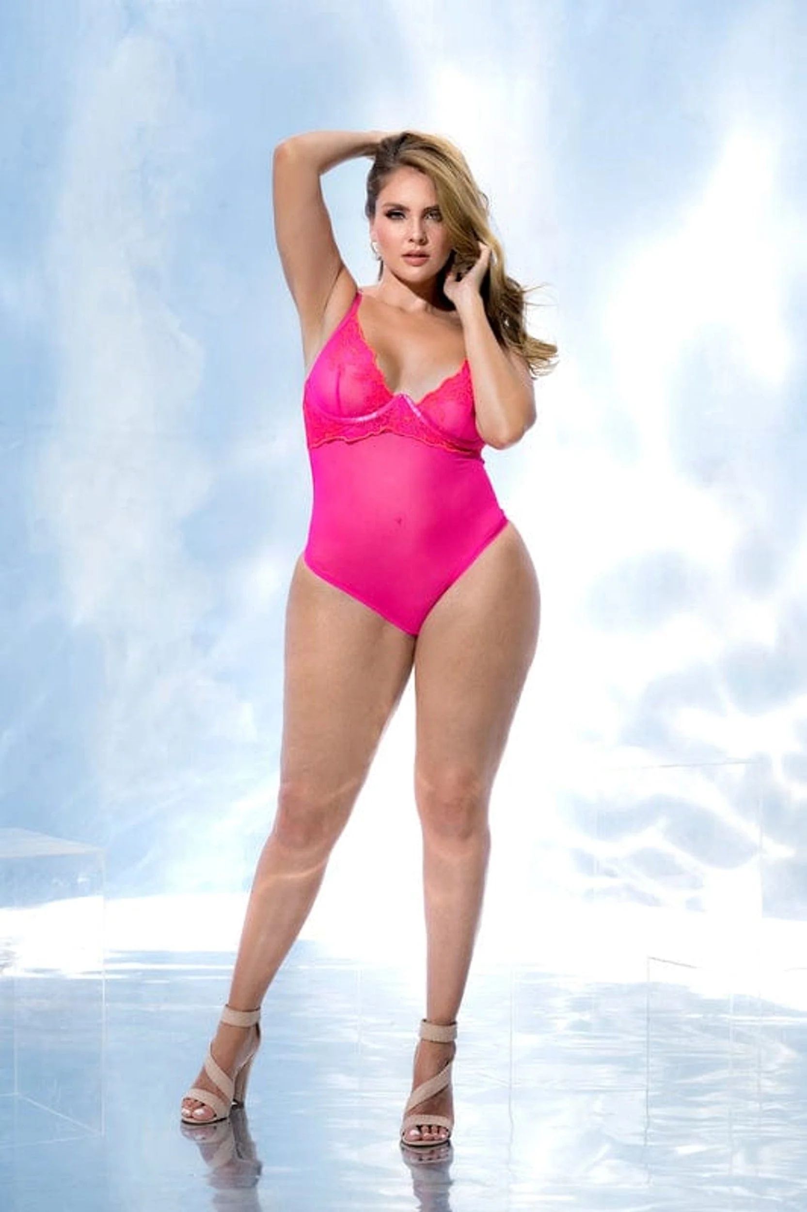 Mapale Hot Pink and Orange Mesh Bodysuit with Underwire Support