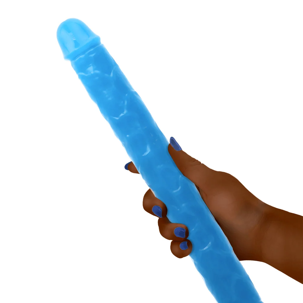 Realrock 15 Inch Slim Double Glow in the Dark Dildo in Neon Blue