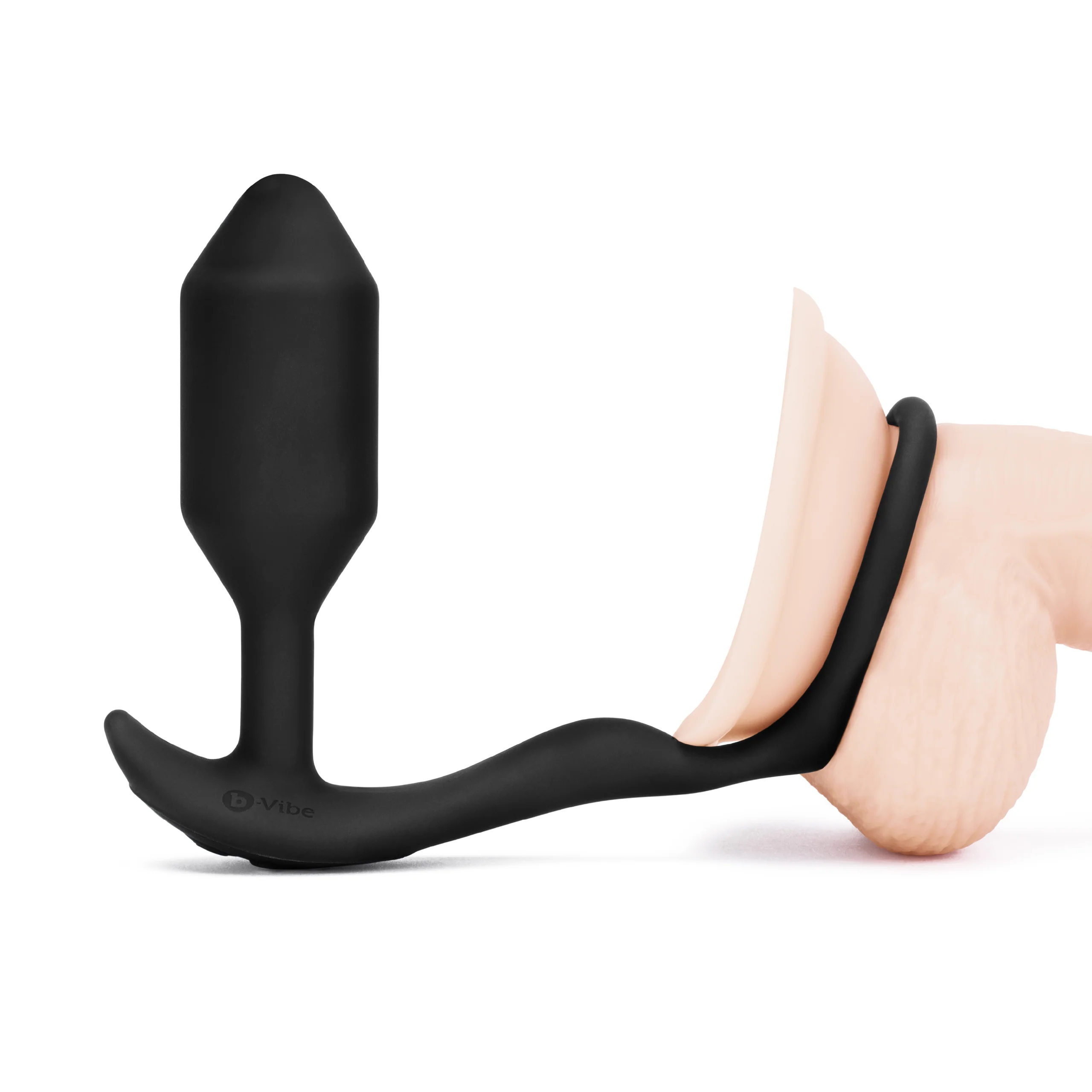 B-Vibe Vibrating Snug & Tug M 黑色混合材质阴茎环与加重肛塞