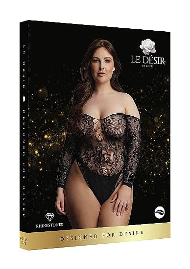Le Desir Wonder Rhinestone Bodysuit in Black Lace for Sizes 1XL to 3XL