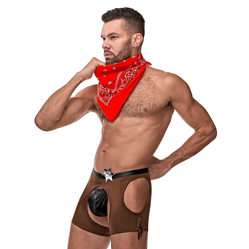 Male Power Cocky Cowboy Men's Costume with Chaps G-String Badge and Bandana