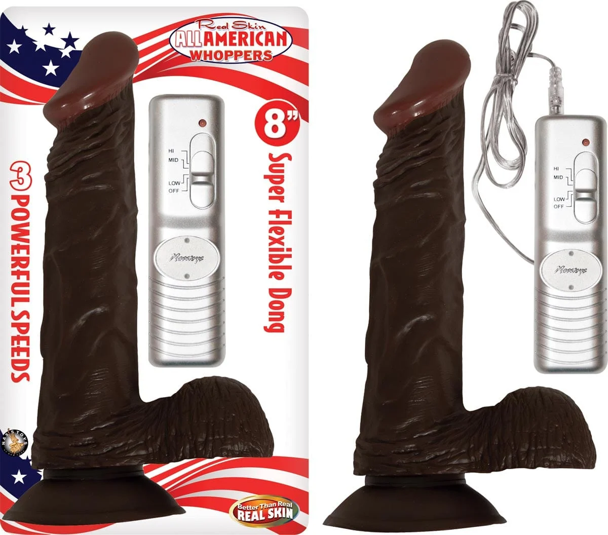 All American Whopper 振动式 8 Inch 带睾丸假阳具，棕色