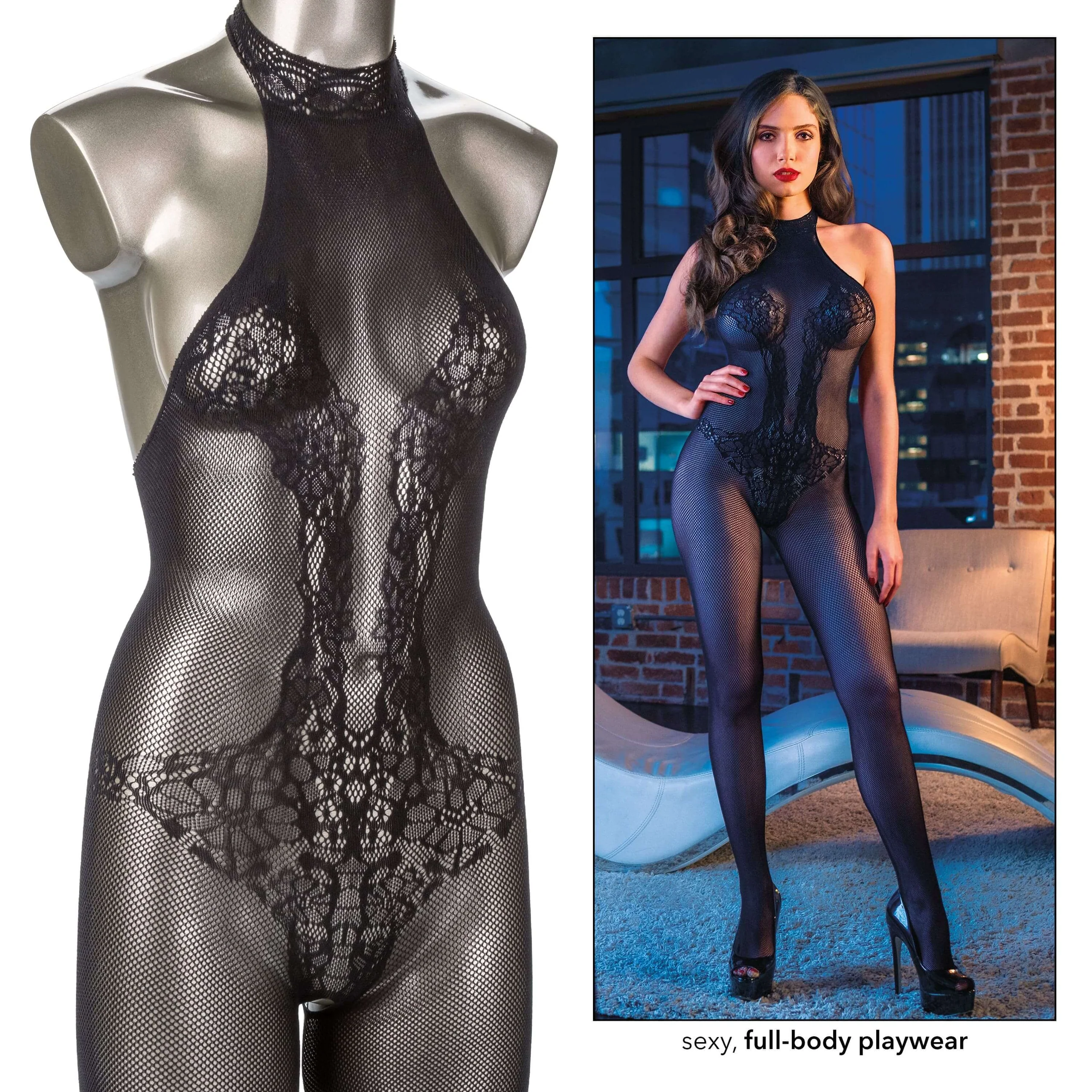 Scandal Halter Lace Bodysuit Plus Size Crotchless Playwear