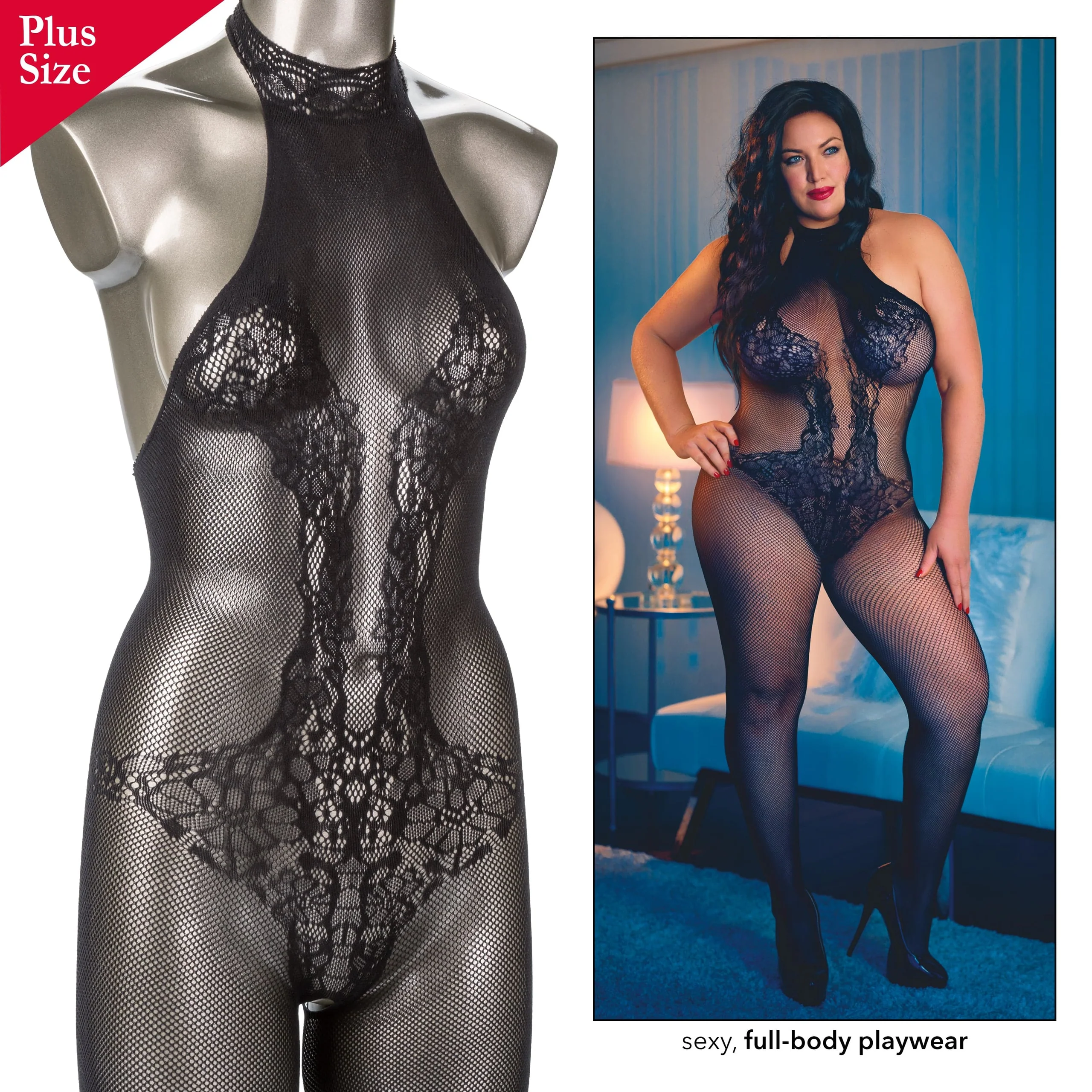 Scandal Halter Lace Bodysuit Plus Size Crotchless Playwear