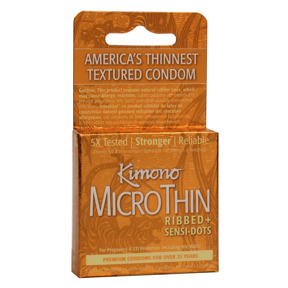 Kimono MicroThin Ribbed + SensiDots Condoms 3 Pack