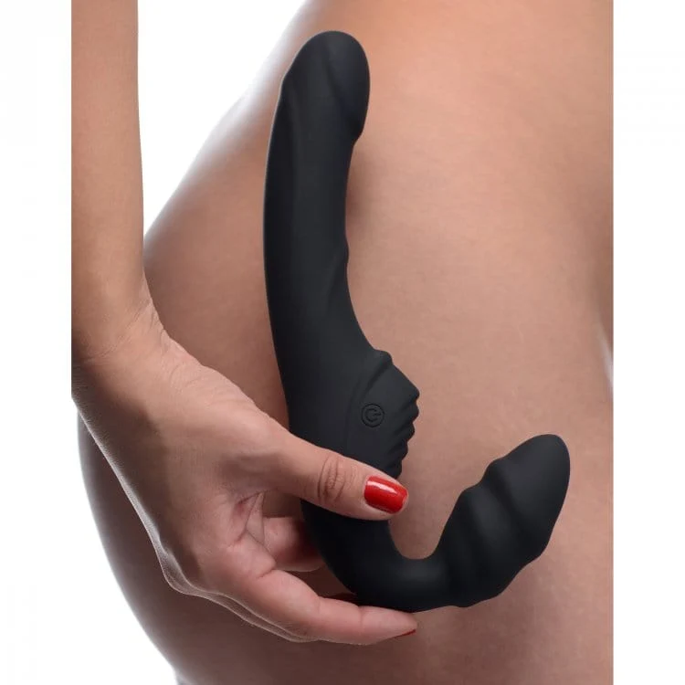 Strap-U Slim Rider Ribbed Vibrating Strapless Strap-On with 9 Modes