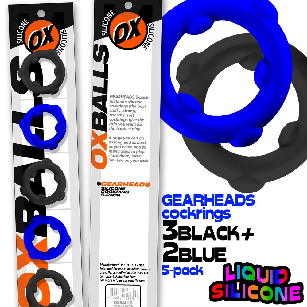 Oxballs Gearheads 5-Pack Liquid Silicone Cock Rings in Blue and Black