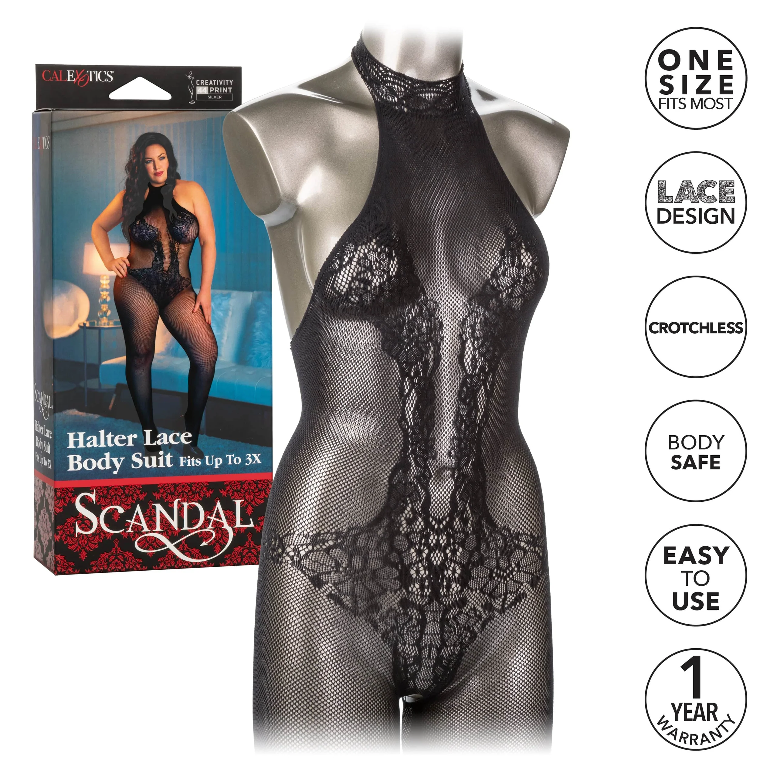 Scandal Halter Lace Bodysuit Plus Size Crotchless Playwear