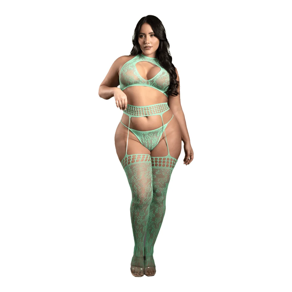 Heart of Glass Lace Knit Halter Tie Top with G-String and Gartered Stockings