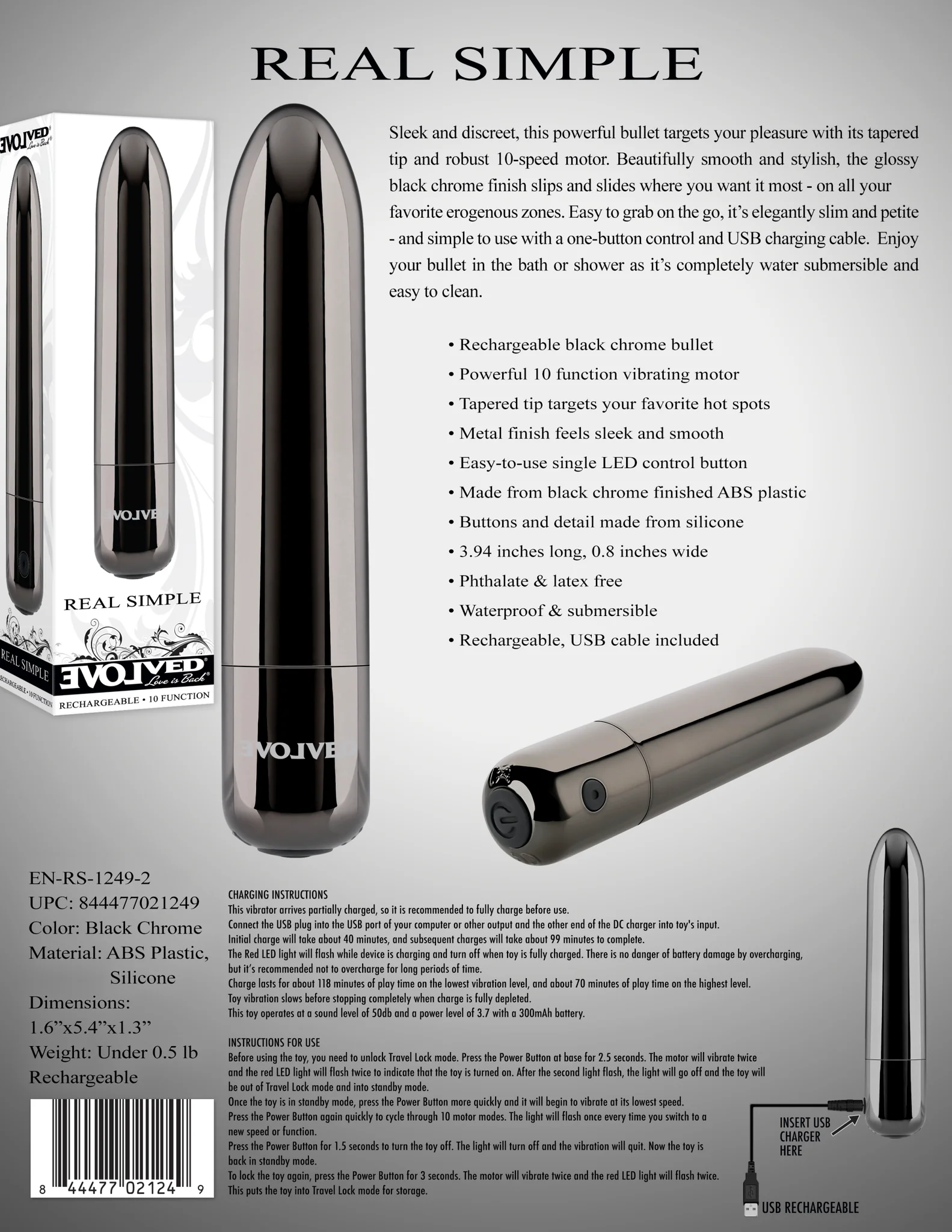 Evolved Real Simple Rechargeable Black Chrome Bullet