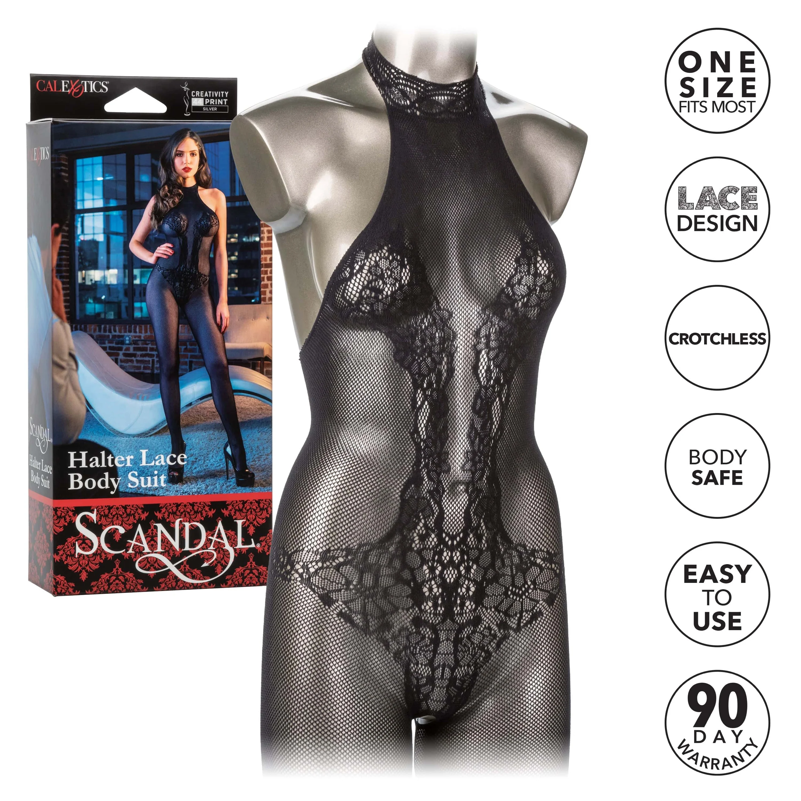 Scandal Halter Lace Bodysuit Plus Size Crotchless Playwear