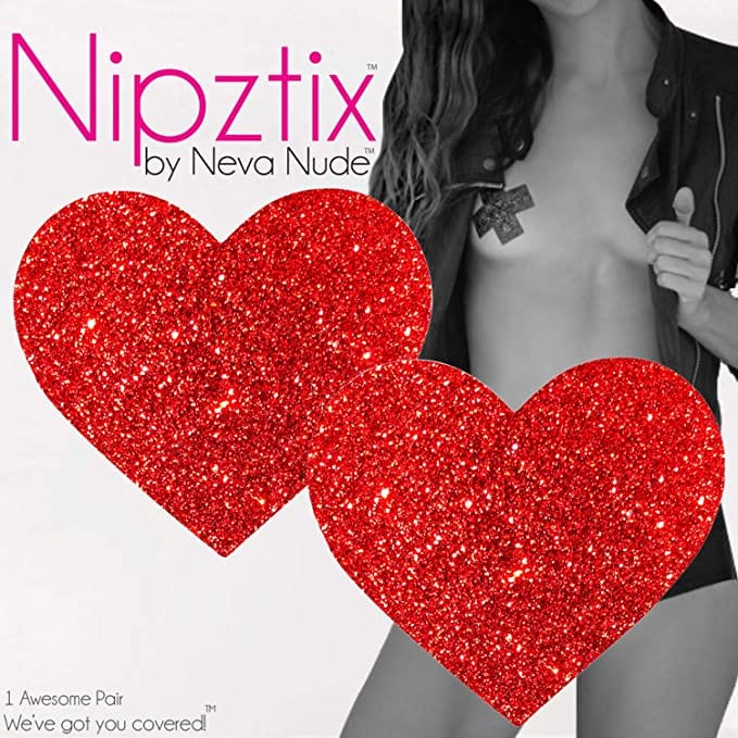 Neva Nude Red Glitter Heart Nipztix Pasties Made in USA