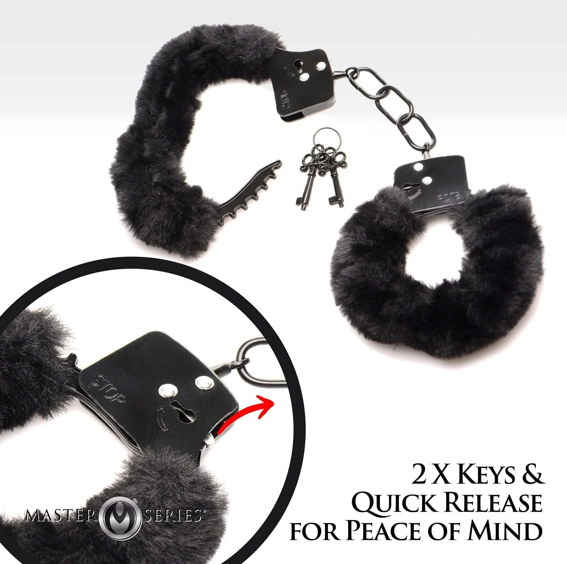 Master Series Furry Handcuffs In Red Faux Fur