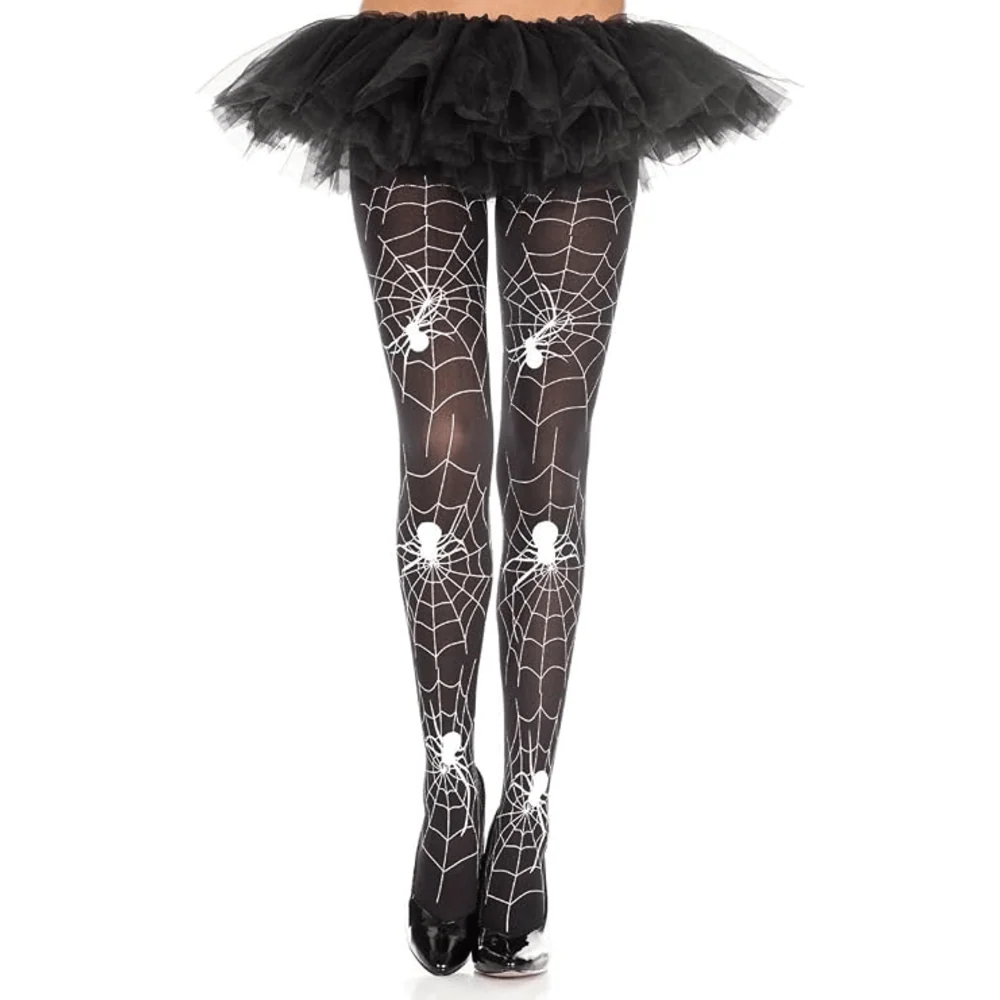 Music Legs Spider Web Print Black and White Sheer Pantyhose