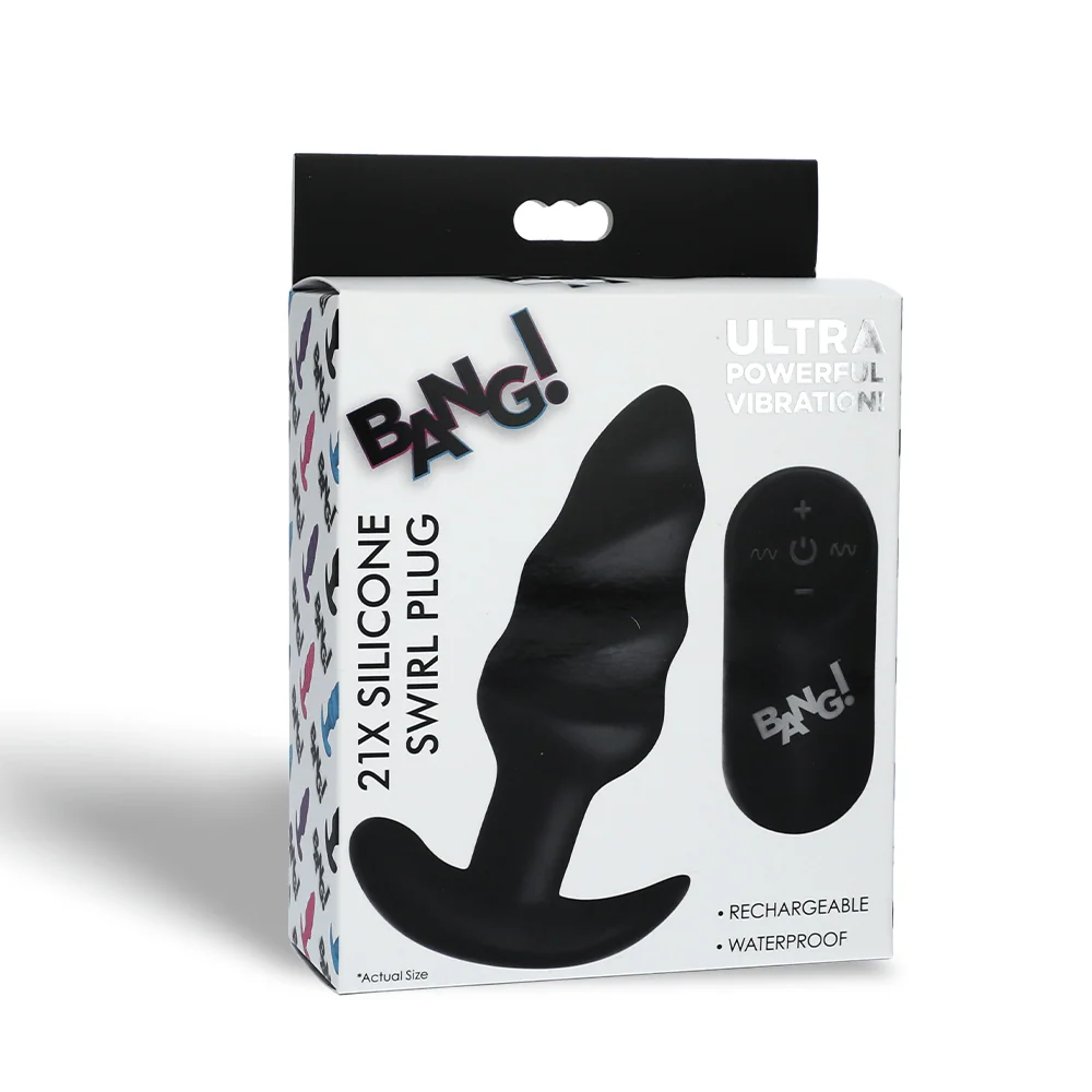 BANG! 21X Vibrating Silicone Swirl Butt Plug with Remote Control in Black